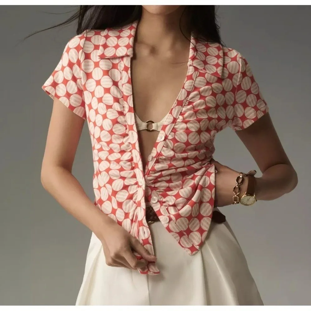 NWOT Maeve Anthropologie Ruched Blouse Button Top Small Retro Polka Dot Y2K - Picture 2 of 16